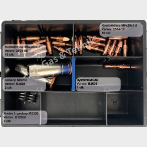 Sortimentsske med dele til MIG/MAG 250